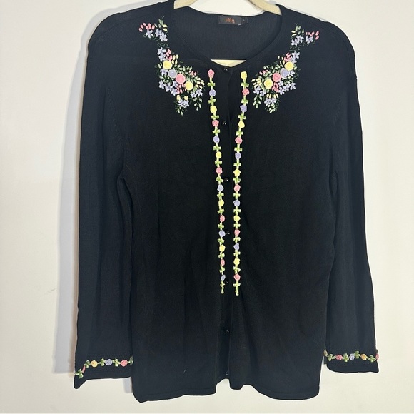 lilly Sweaters - Lilly‎ Black Embroidered Floral Button Front Cardigan Sweater M